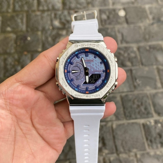 GGA-2100- DUAL TIME METAL FRAME RESIN STRAP WATCH