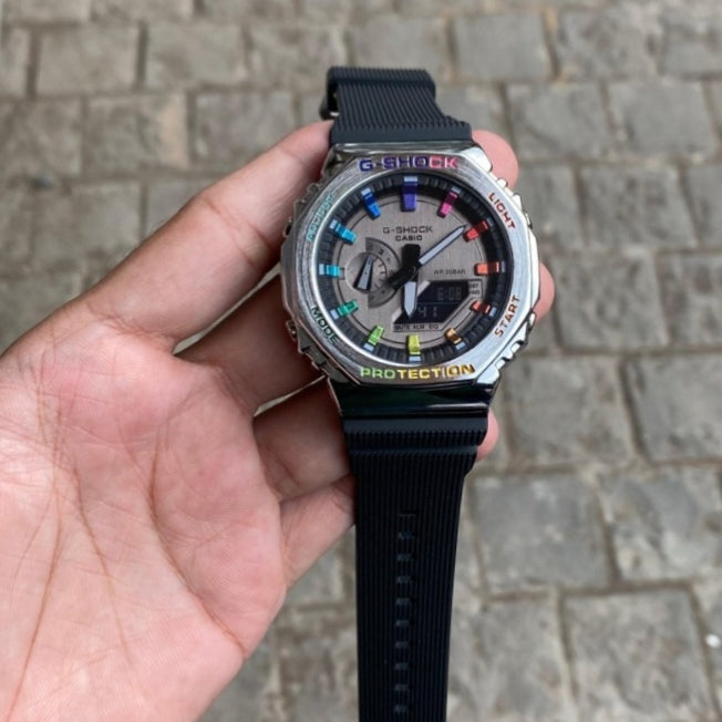 GGA-2100- DUAL TIME METAL FRAME RESIN STRAP WATCH